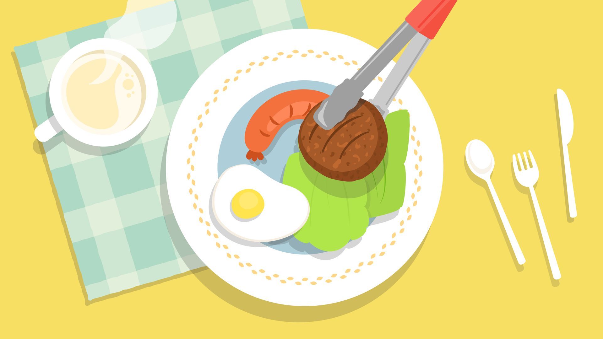 Breakfast plate with egg, sausage, patty, greens, being served with tongs. Coffee cup, utensils, and checkered napkin on yellow surface.