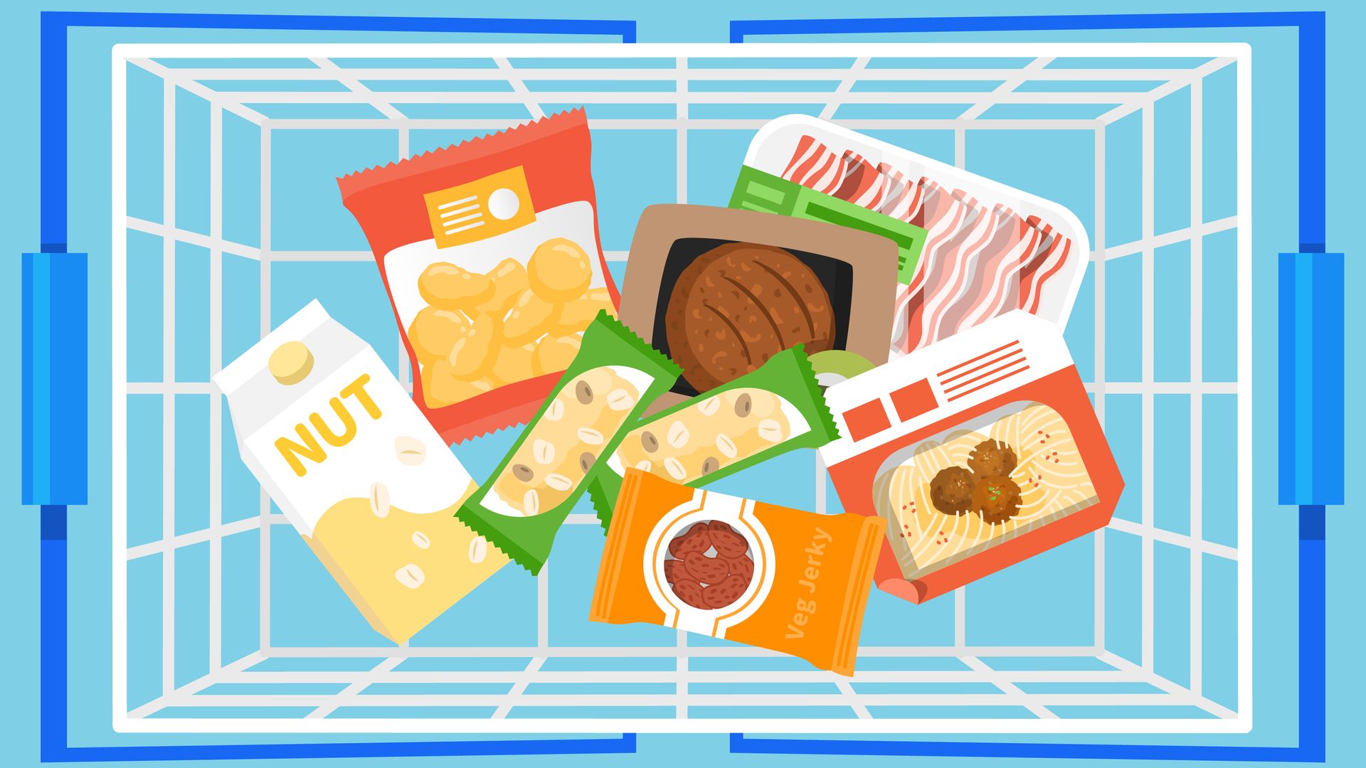 Shopping basket filled with various packaged food items: chips, meat, snacks, and milk.
