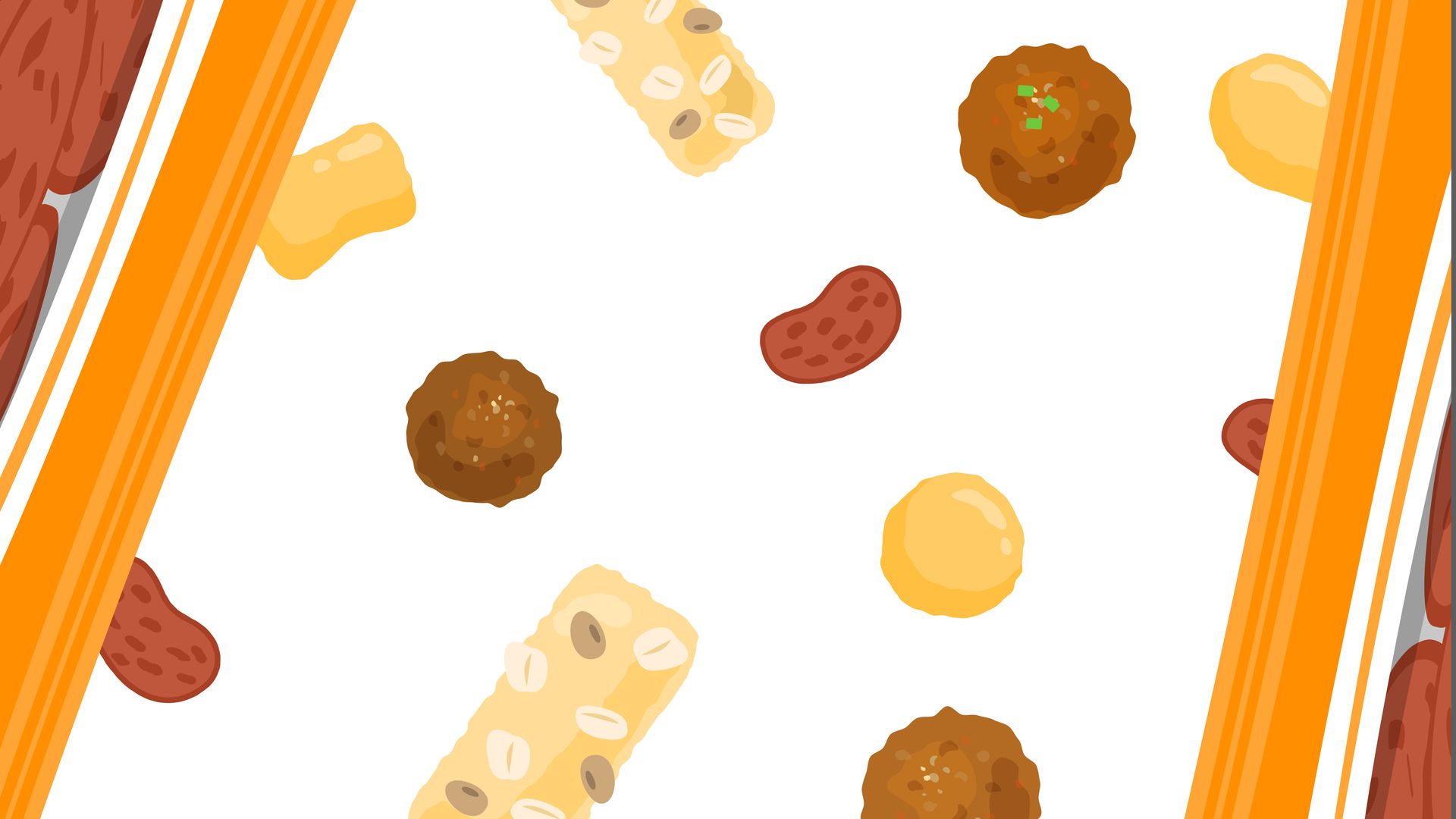 Assorted snacks: meatballs, peanuts, cheese puffs, and granola bars scattered on a white surface, with orange borders.