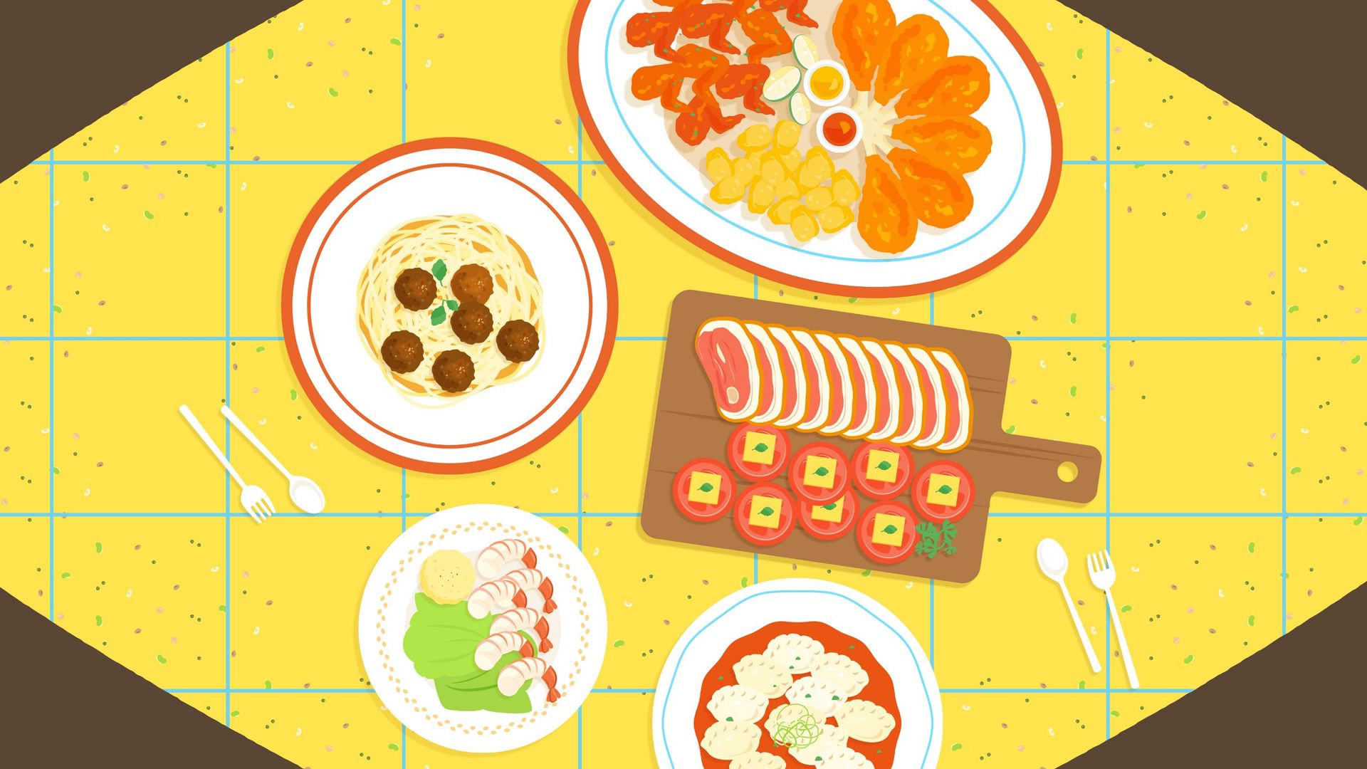 Overhead view of a table with plates of food, including pasta, shrimp, and sliced meats, arranged on a yellow tablecloth.