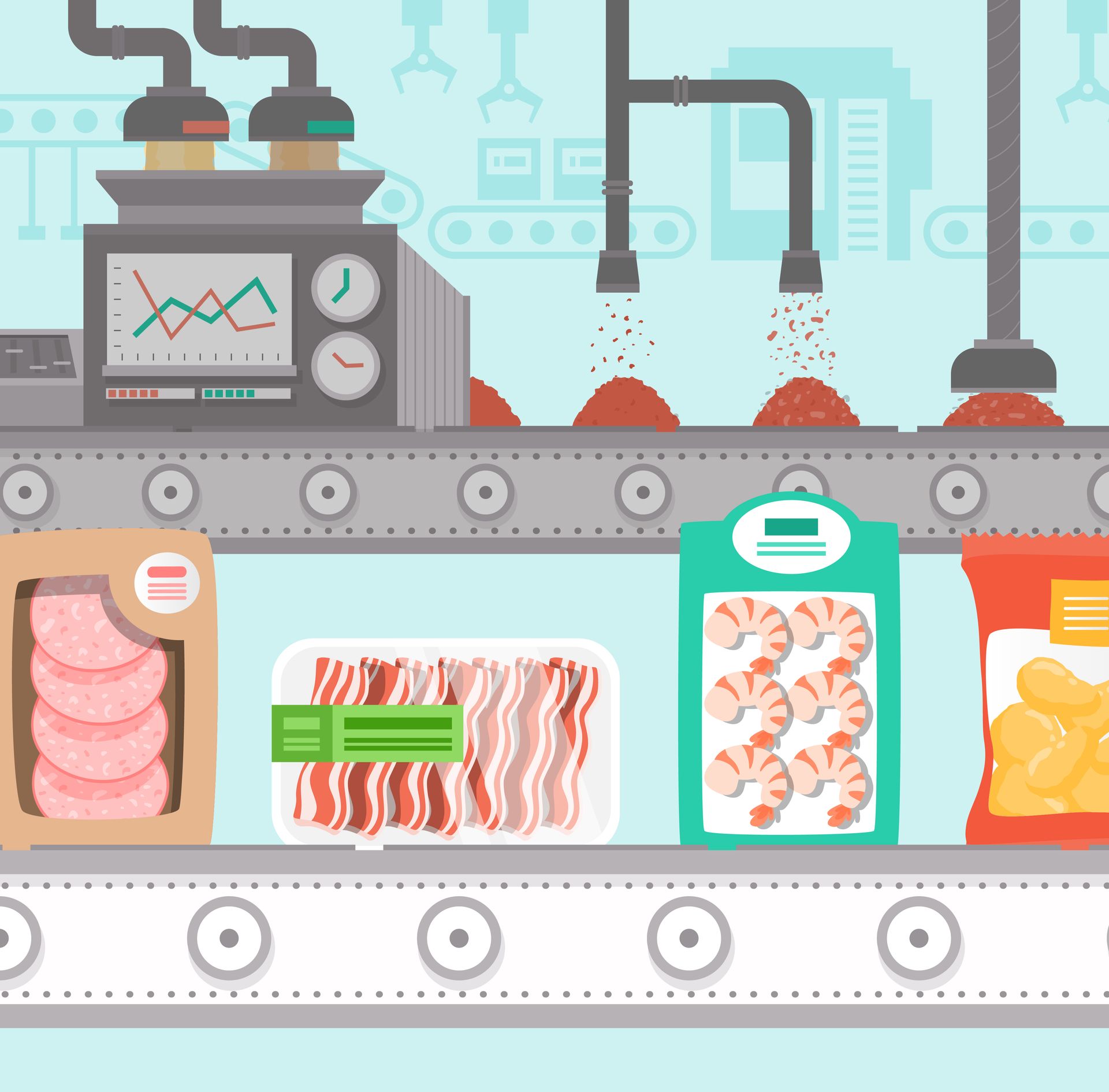 Factory conveyor belt packaging meat, bacon, shrimp, and chips.
