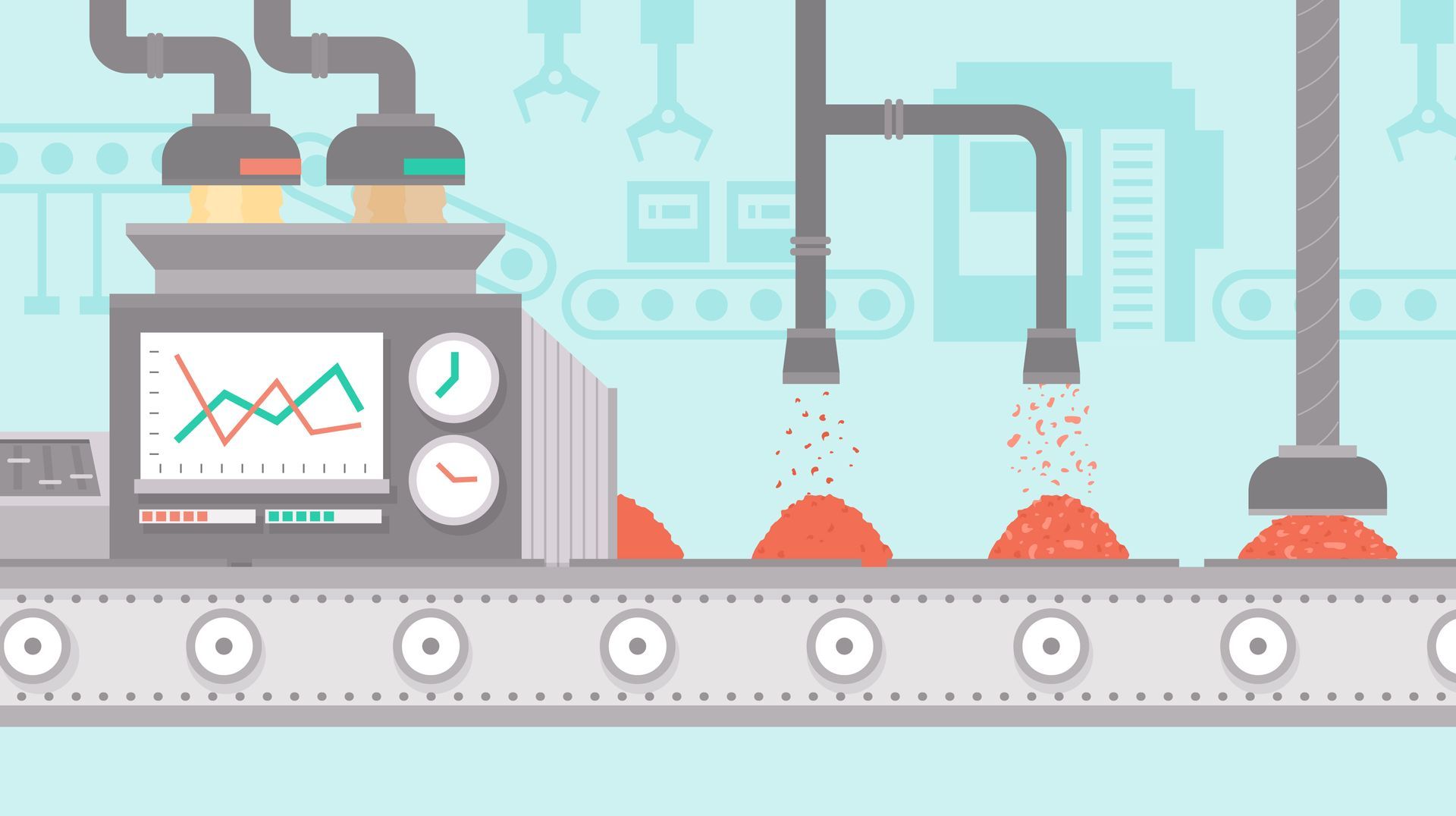 Factory assembly line processing product with machines.
