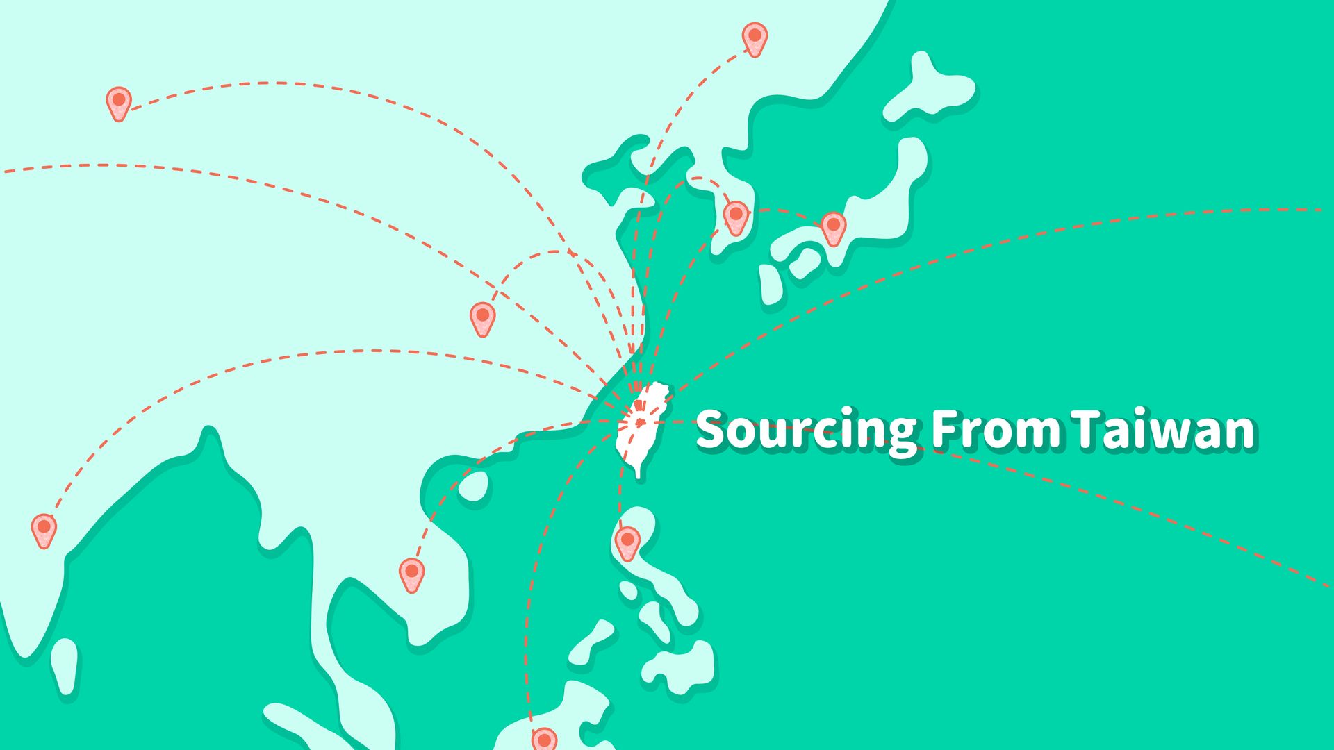 Map showing Taiwan with dotted lines radiating to other Asian locations, promoting sourcing from Taiwan.