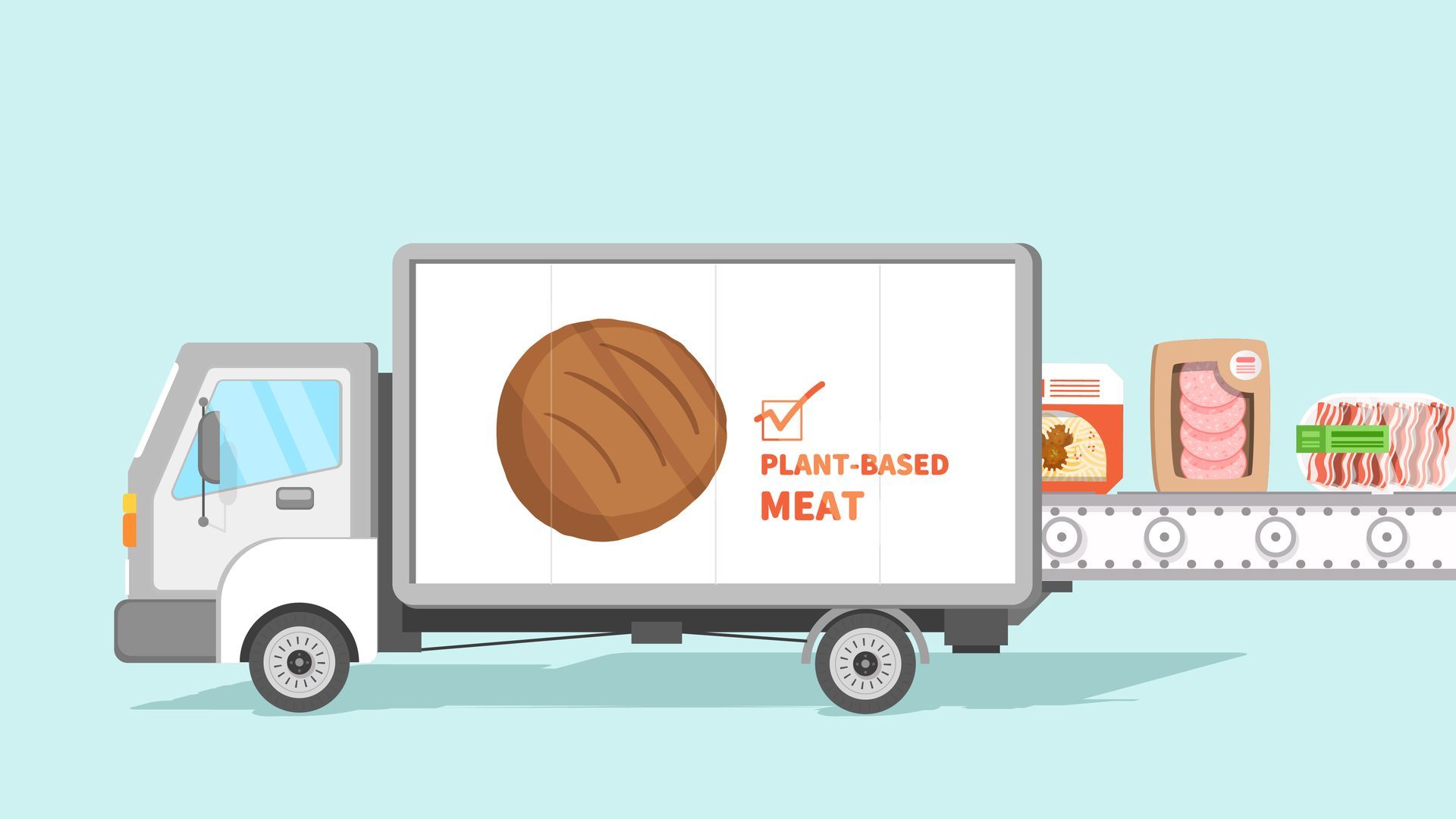 Plant-based meat products on a conveyor belt being loaded into a delivery truck, featuring a burger on the truck.