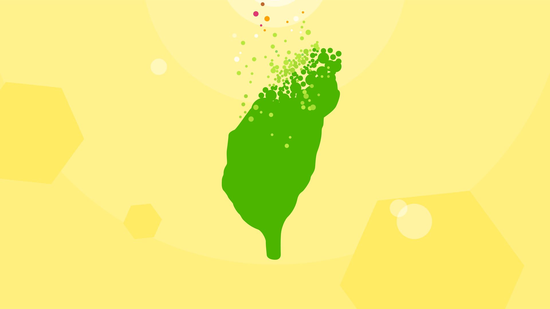 Green map of Taiwan dissolving into particles on yellow background.