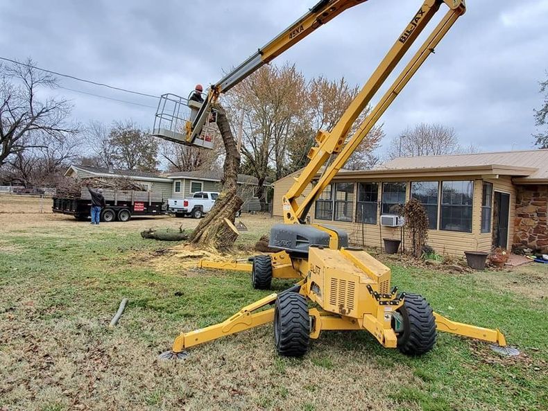 Yellow crane lifting a tree limb beside a house in a yard