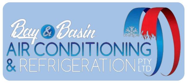 Logo for Bay & Basin Air Conditioning & Refrigeration Pty Ltd with blue and red ribbons and a snowflake.