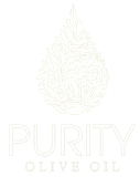The logo for purity olive oil is a drop of olive oil with leaves on it.