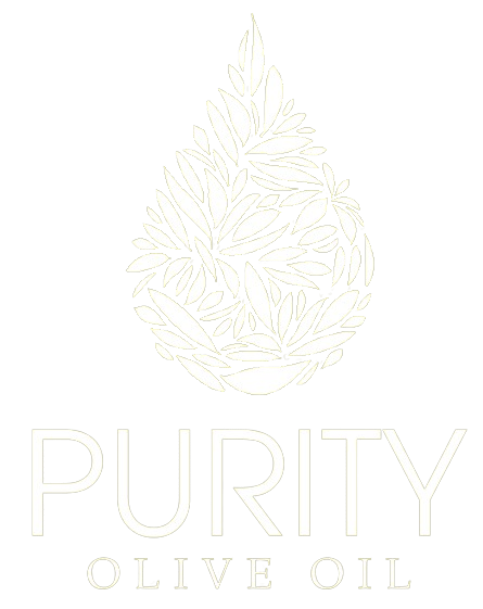 The logo for purity olive oil is a drop of olive oil with leaves on it.