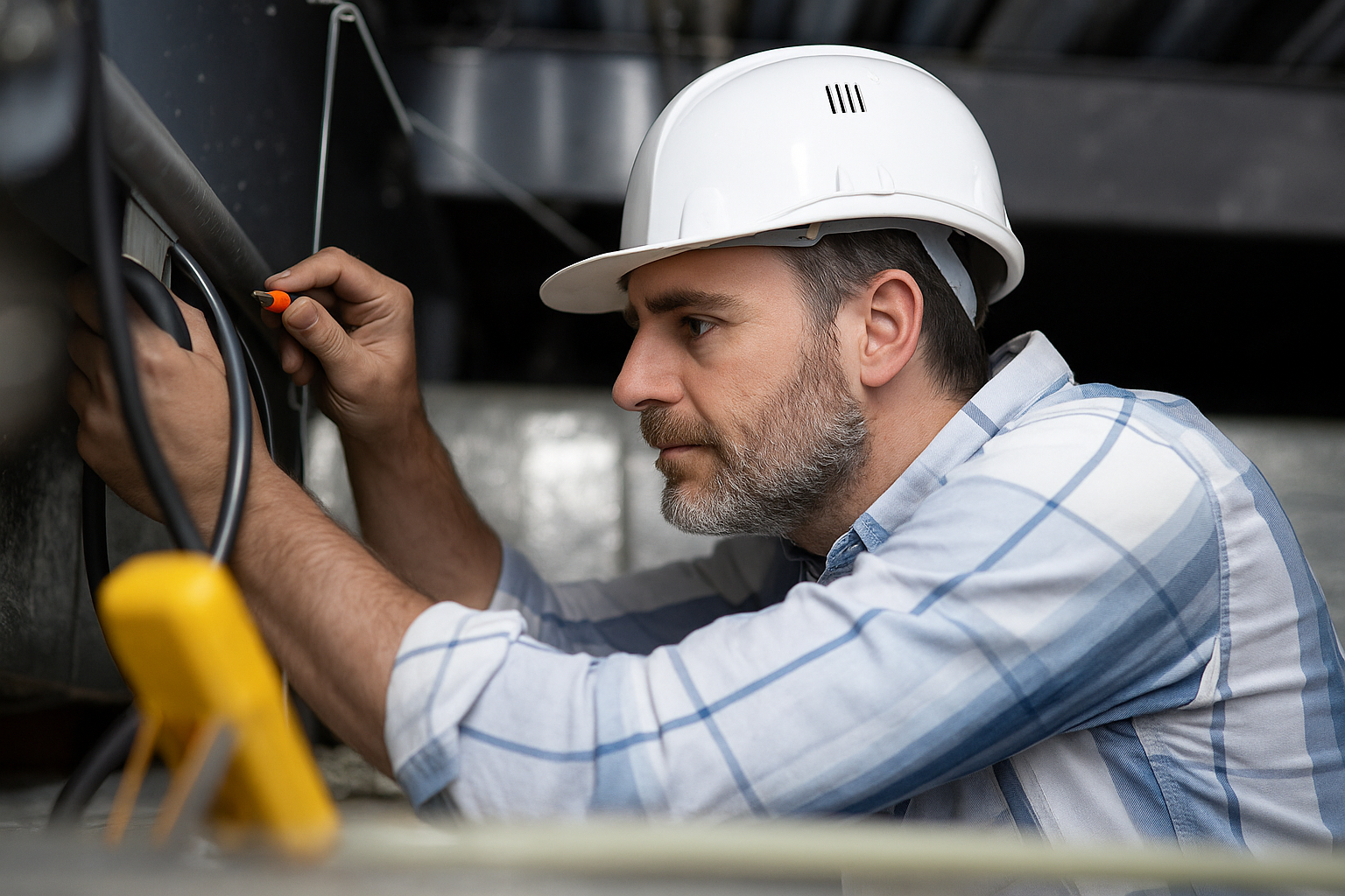 Man in hard hat working on electrical wiring.