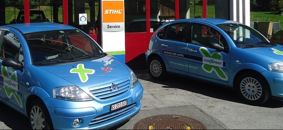 Deux voitures bleues sont garées devant un panneau Stihl