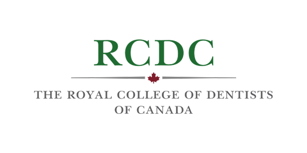 Logo for The Royal College of Dentists of Canada with green letters and a small red maple leaf centered on a horizontal line.