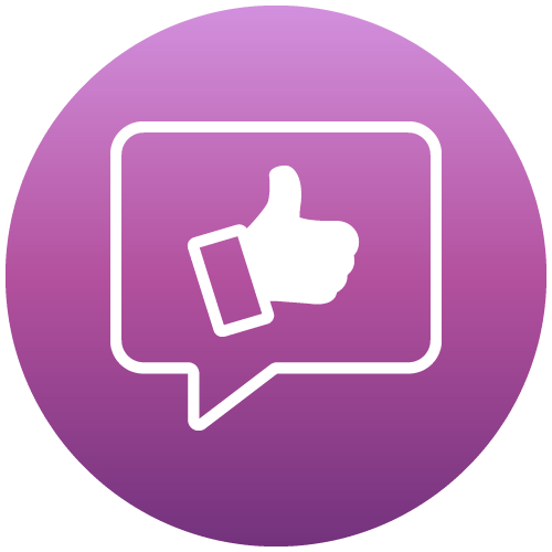 White thumbs-up in a speech bubble on a purple, circular background.