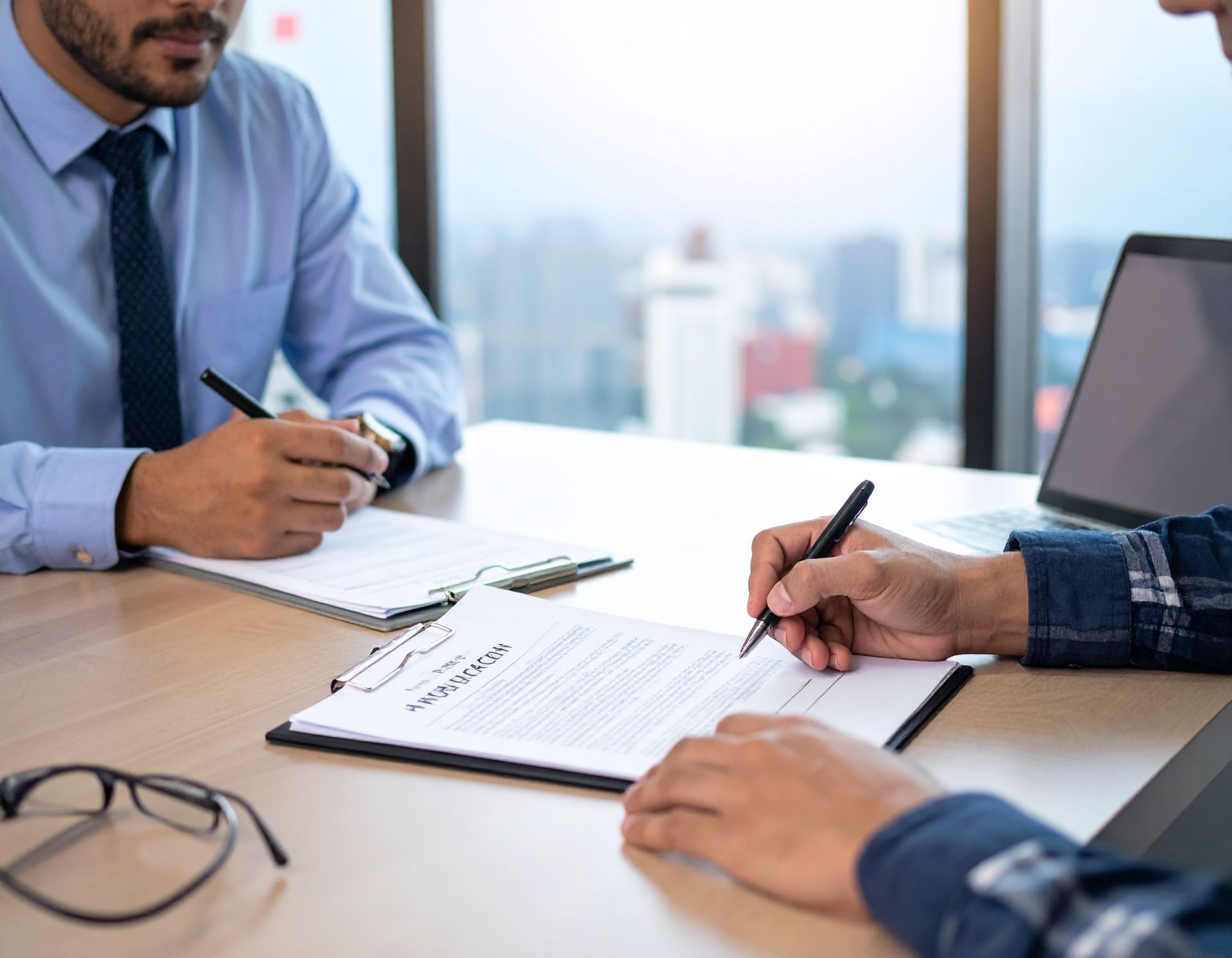 Three people reviewing documents and signing papers at a bright office conference table