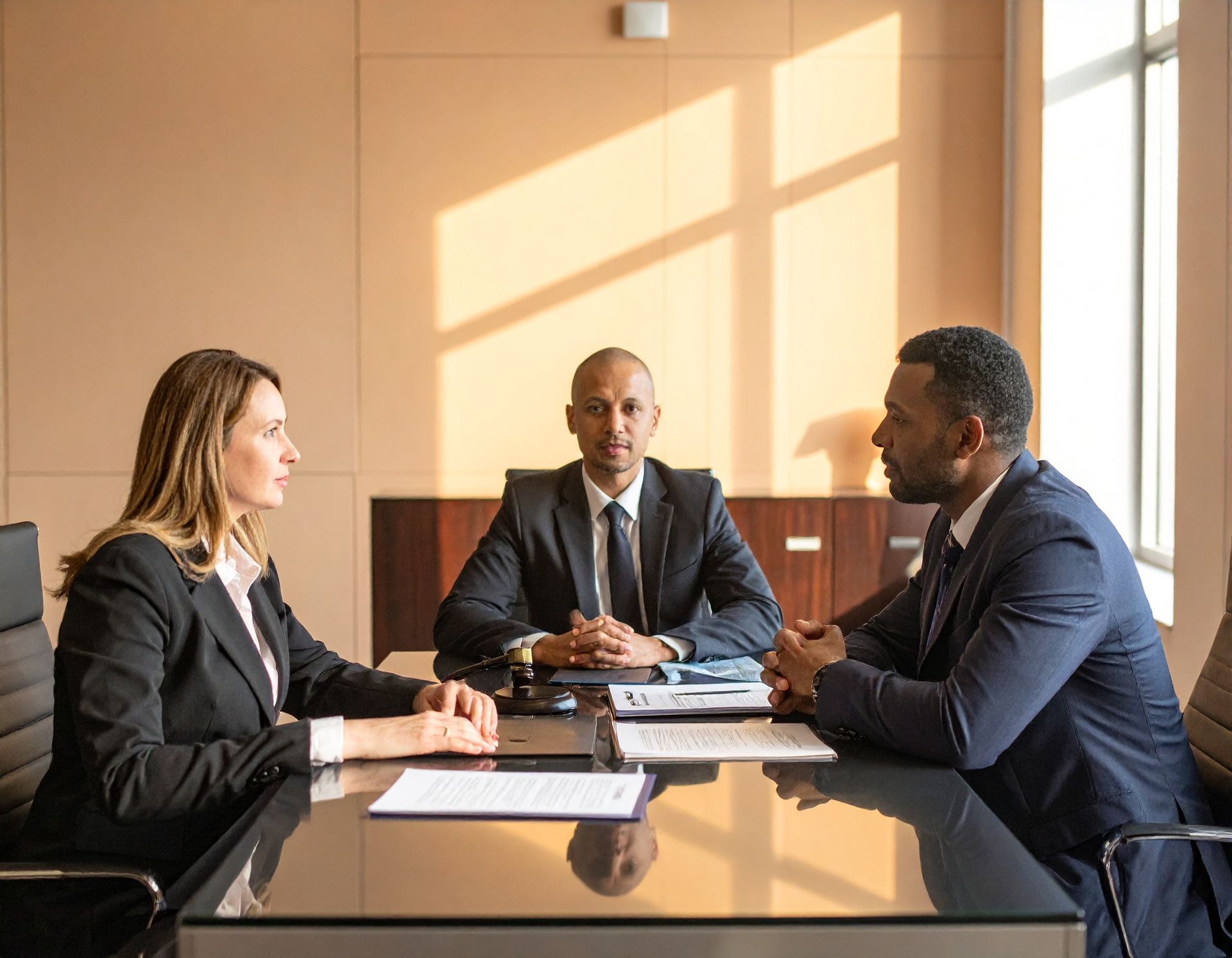 Three people in business attire meet around a conference table in a sunlit office.