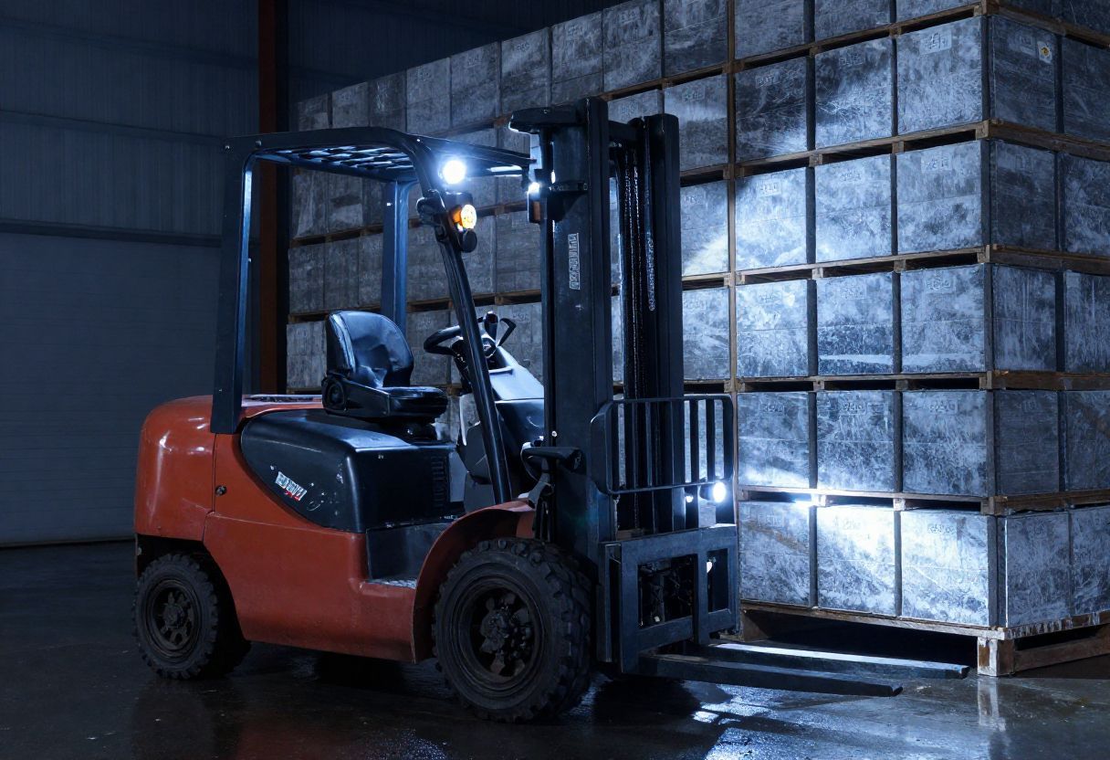 Orange forklift loading stacked pallets in a warehouse at night