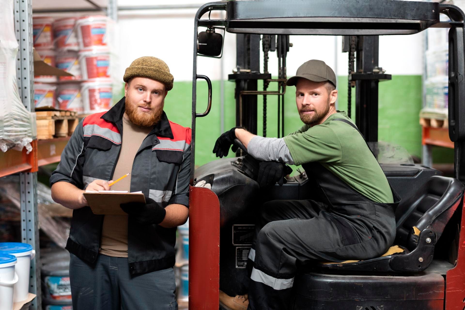 Two warehouse workers on forklifts, one holding a clipboard in an industrial storage area.