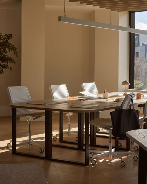 Sunlit modern office with wooden table, white chairs, and a hanging light fixture