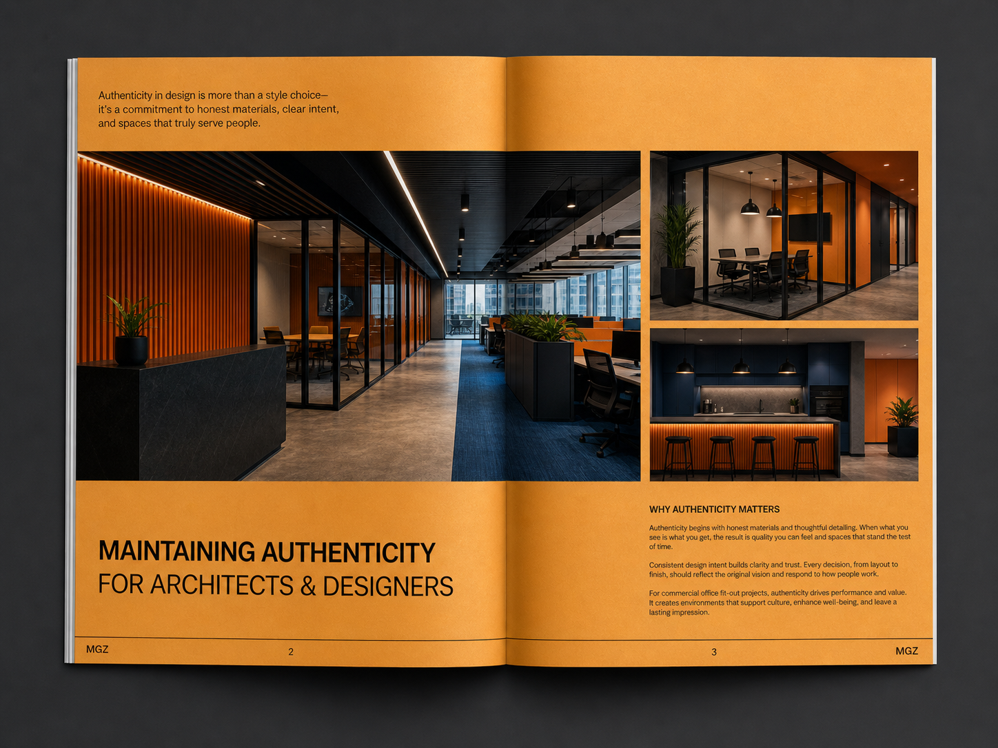 Orange brochure spread of an architect interior design with modern office photos and headline “Maintaining Authenticity”