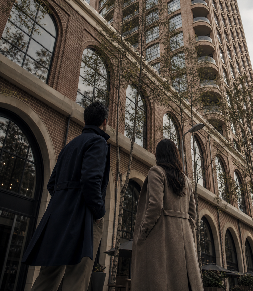 Two people looking up at a tall brick building with arched windows and trees in front