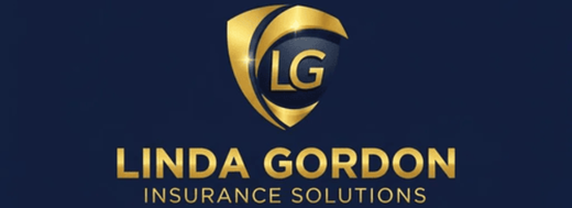 Gold LG logo above “Linda Gordon Insurance Solutions” on a dark blue background