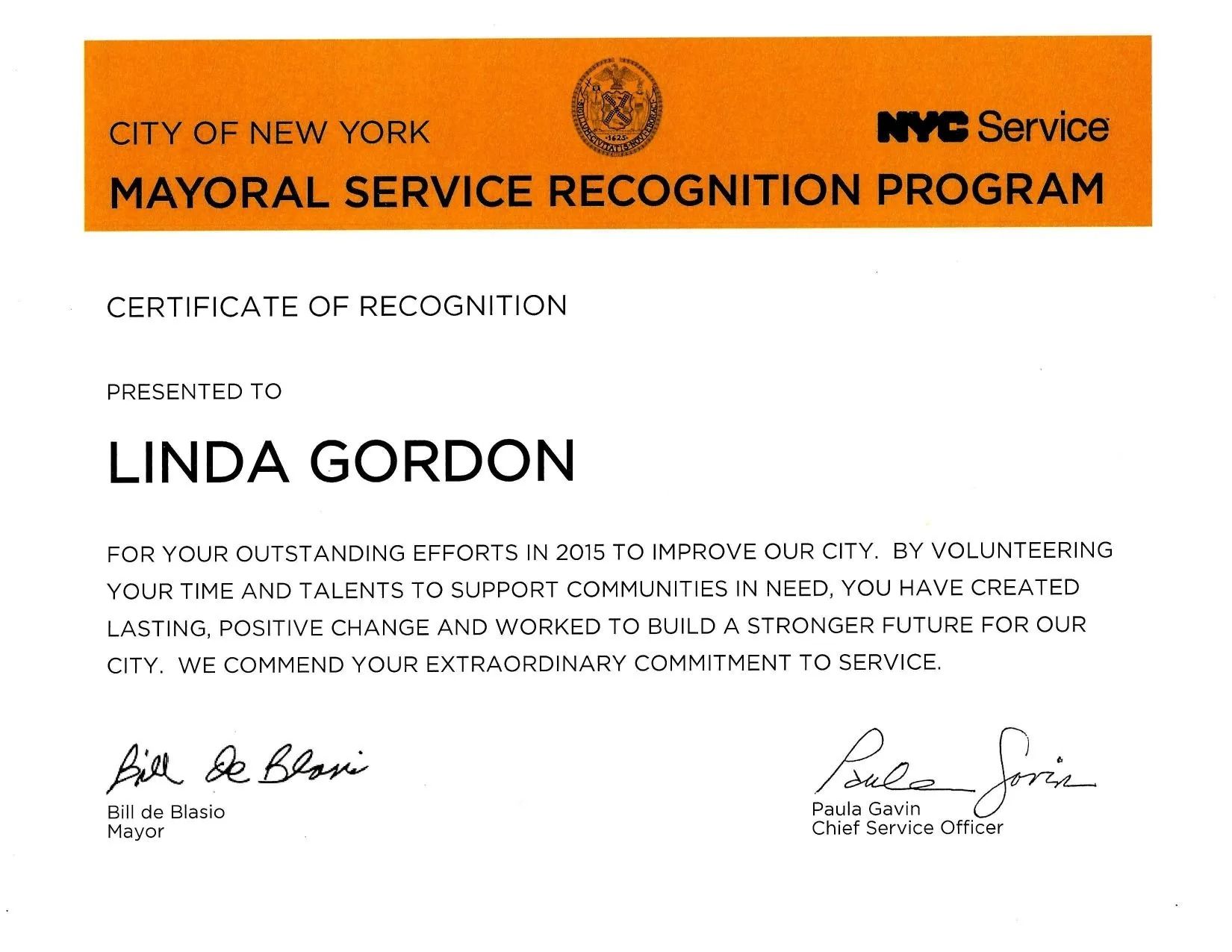 NYC Mayoral Service Recognition Program certificate for Linda Gordon with orange header and signatures