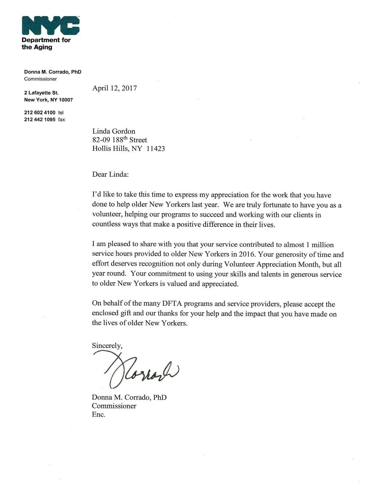 NYC letter on white paper with teal logo, typed text, and handwritten signature at bottom