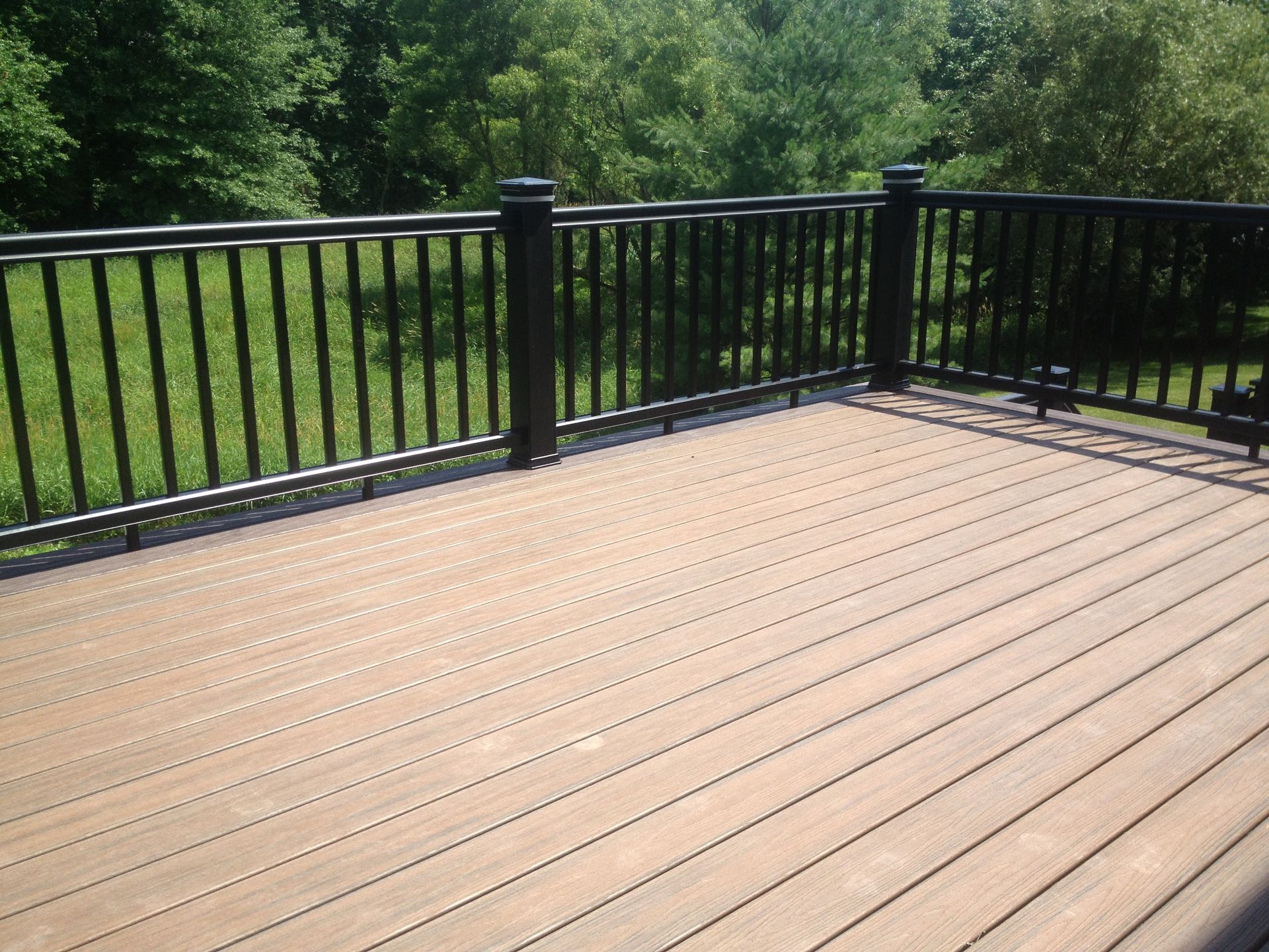 Wooden deck with black railing overlooking a green, tree-filled yard.