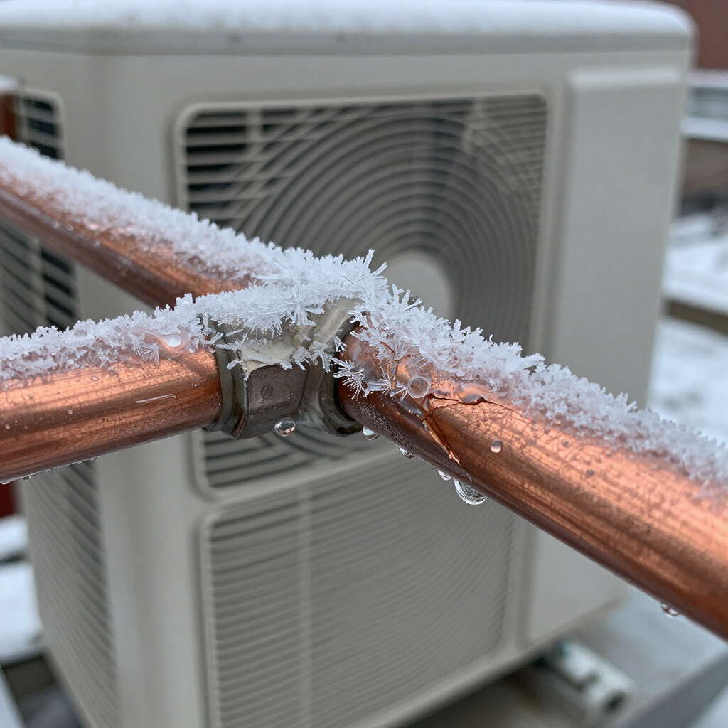Icy copper pipes connected to an outdoor air conditioning unit in winter