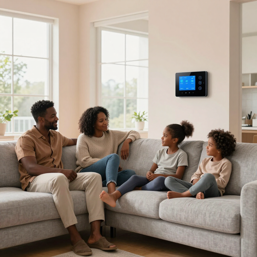 Four people sitting on a sofa in a bright living room, talking near a wall-mounted thermostat.