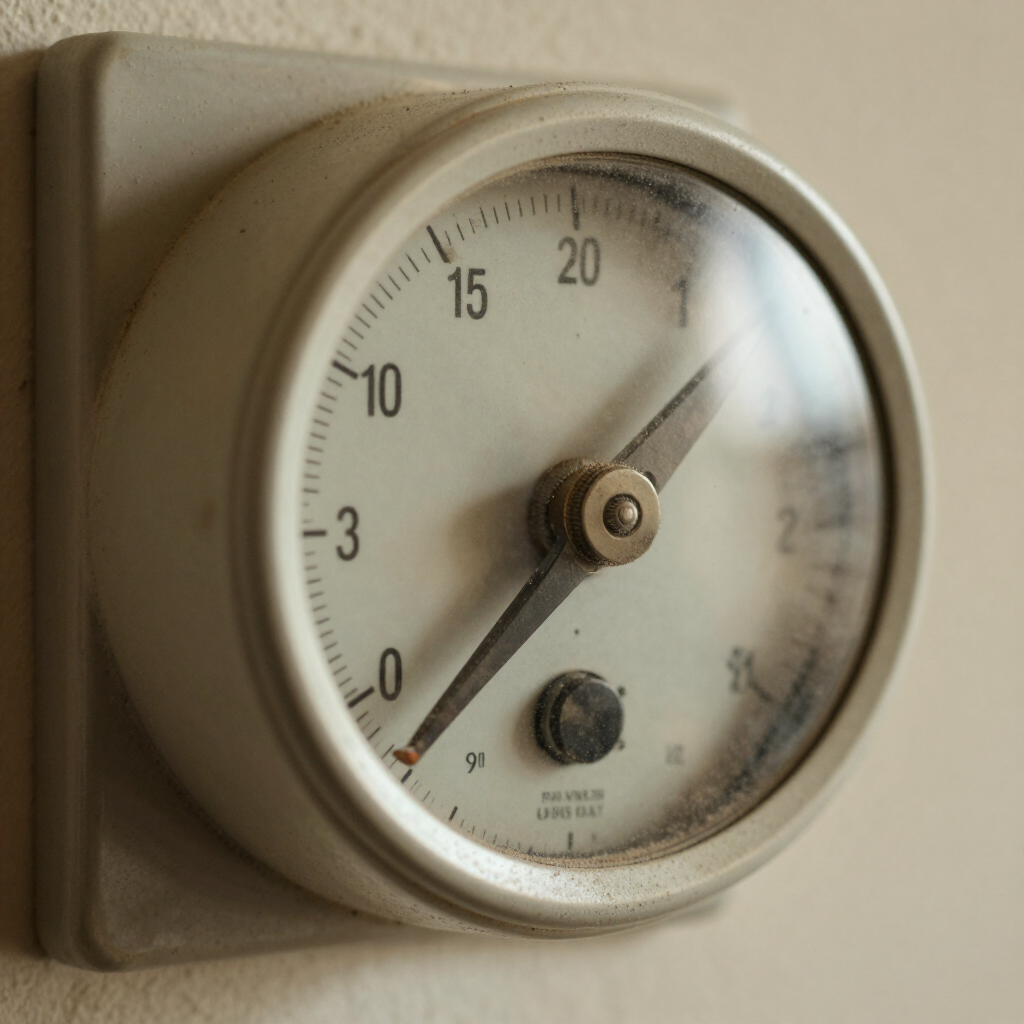 Close-up of a vintage beige analog wall gauge with a round glass face and black numbers.