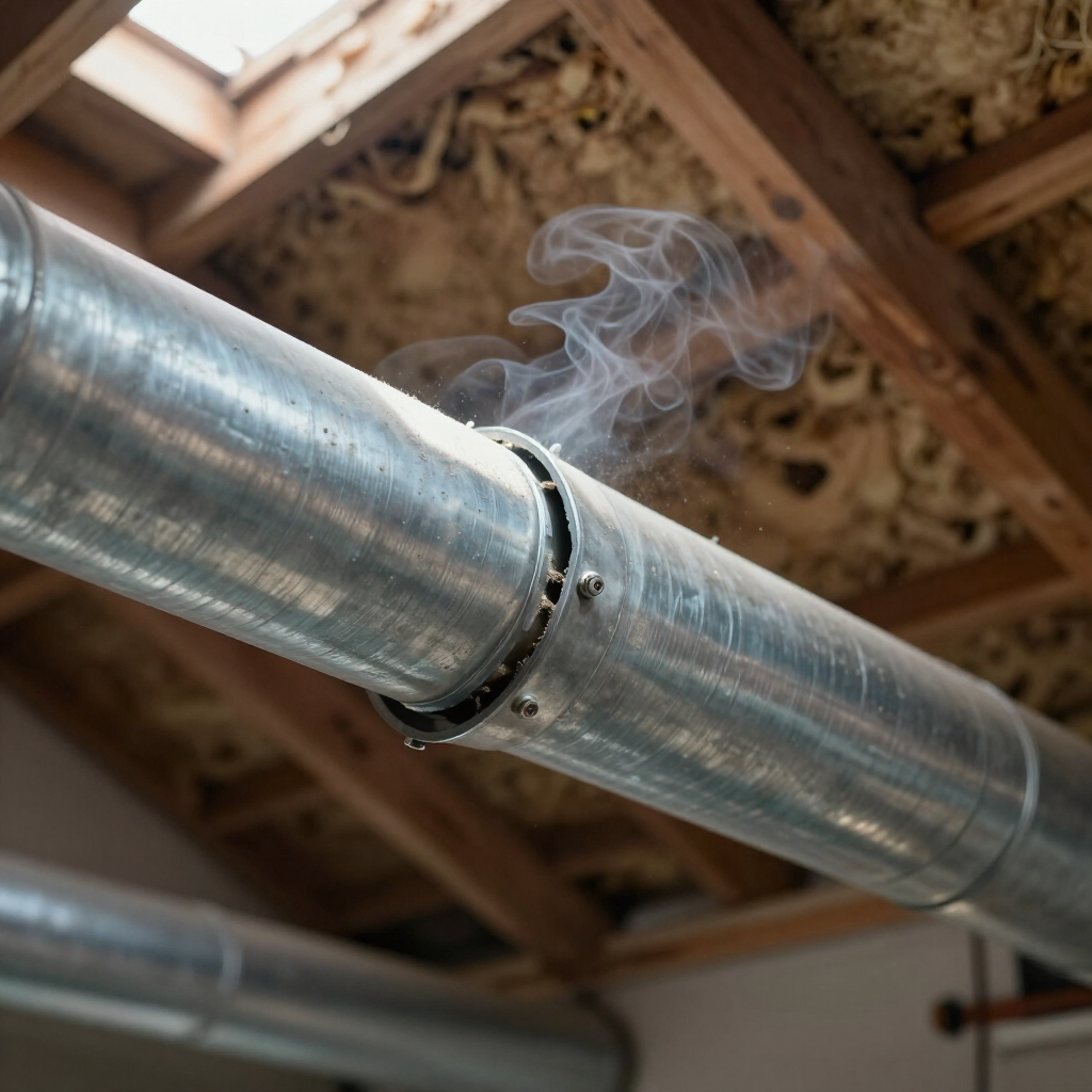 Metal HVAC duct with smoke leaking from a seam in a ceiling space
