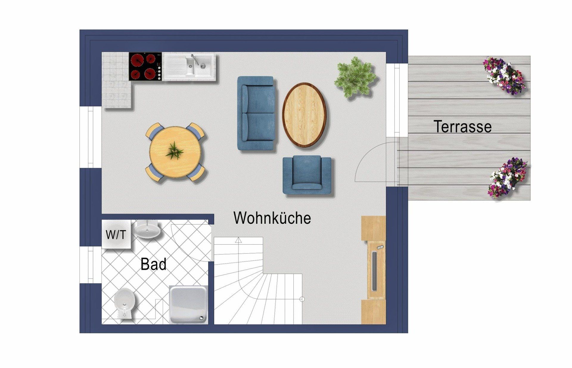 Grundriss der kleinen Wohnung 10: Küche, Wohnzimmer, Badezimmer und Terrasse.