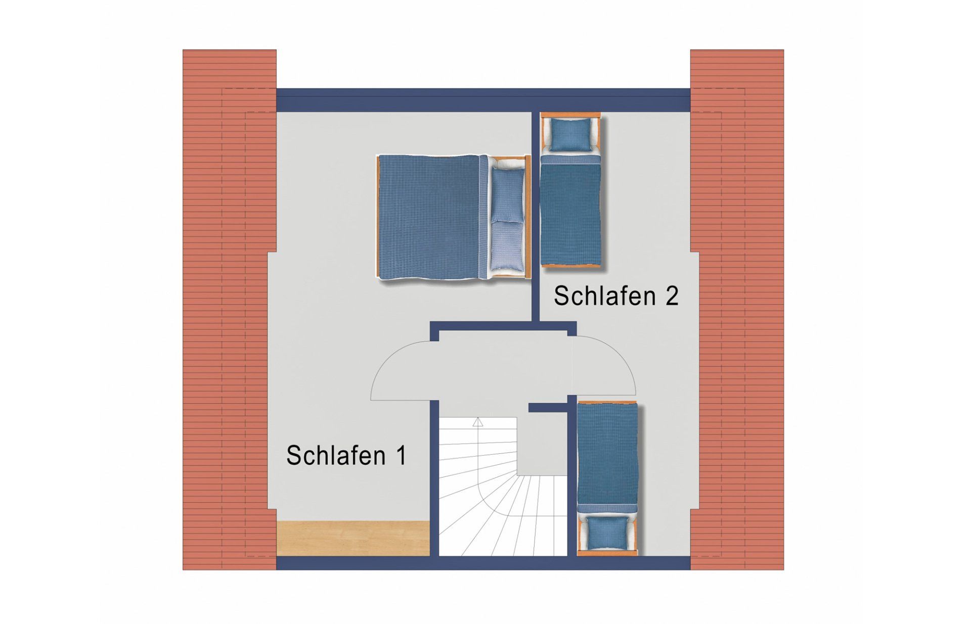 Grundriss eines Dachgeschosses mit zwei Schlafzimmern, beschriftet mit „Schlafen 1“ und „Schlafen 2“.