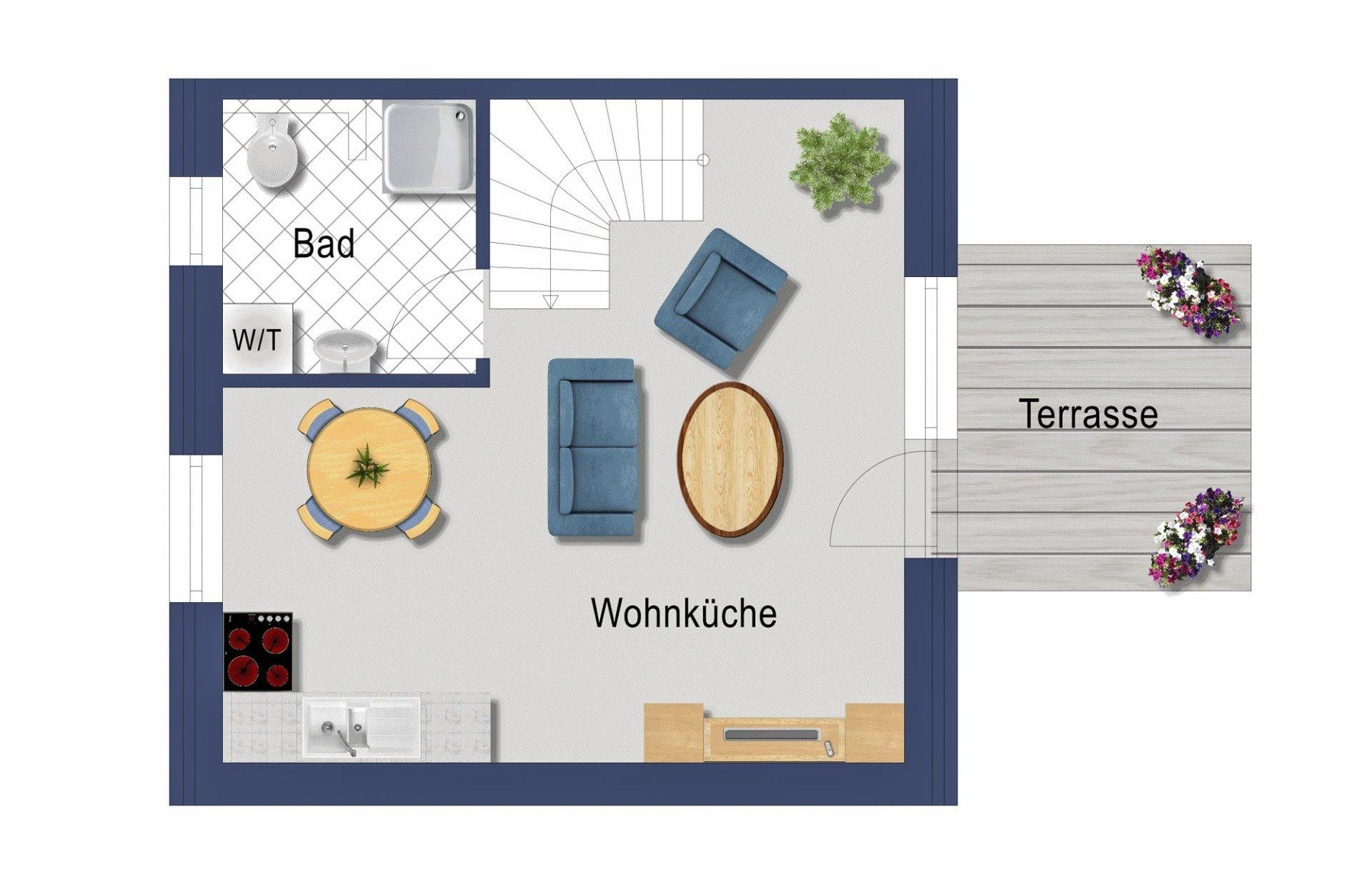 Grundriss von Wohnung 11 mit Küche, Wohnbereich, Terrasse, Badezimmer und Treppe.
