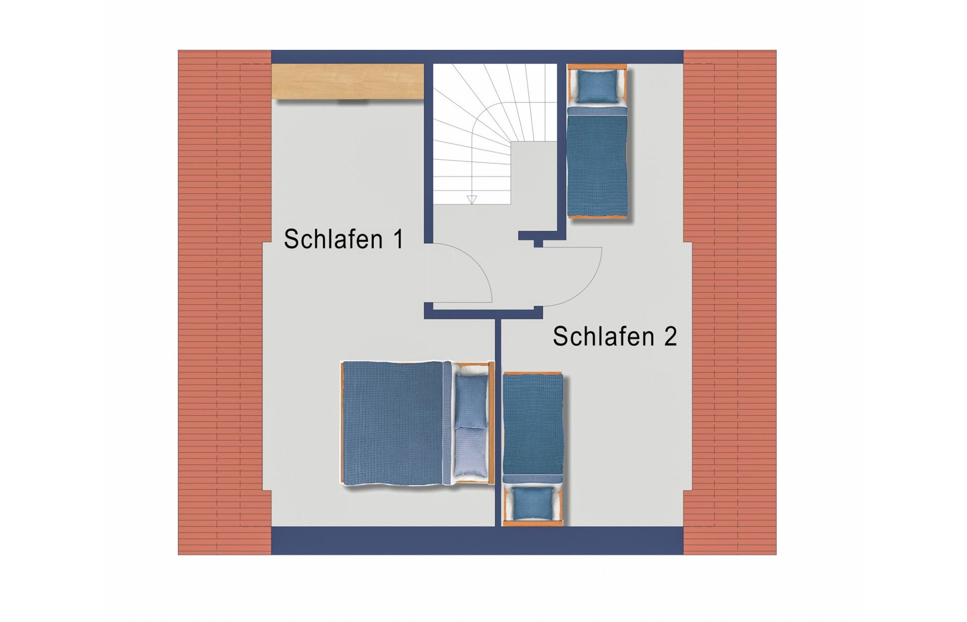 Grundriss: Zwei Schlafzimmer (Schlafen 1 & 2), Treppe und Eingangsbereich. Blaue und weiße Möbel vor Backsteinhintergrund.
