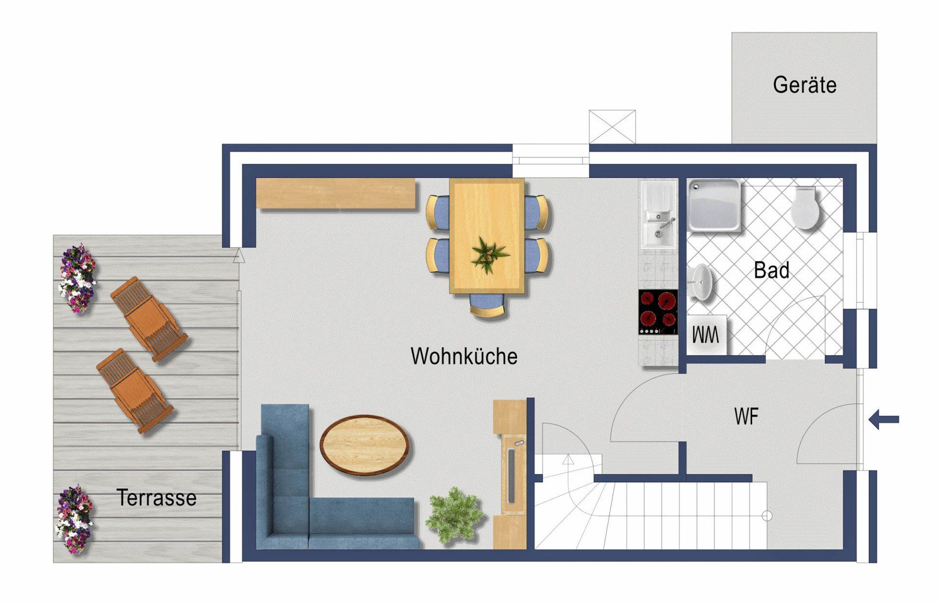 Grundriss von Haus 14 mit Terrasse, Wohnzimmer, Küche, Badezimmer und Abstellraum.