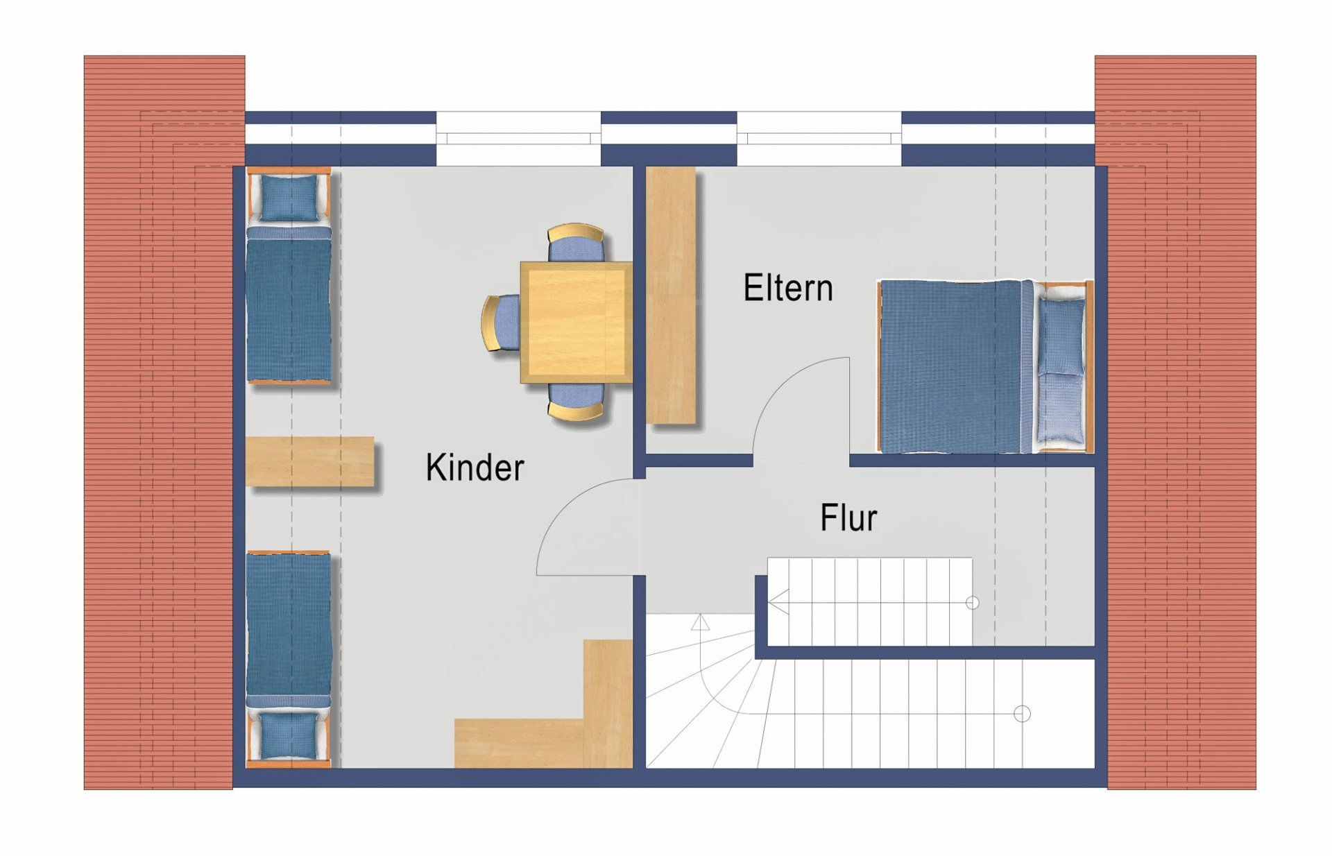 Grundriss von Wohnung 11 mit Küche, Wohnbereich, Terrasse, Badezimmer und Treppe.