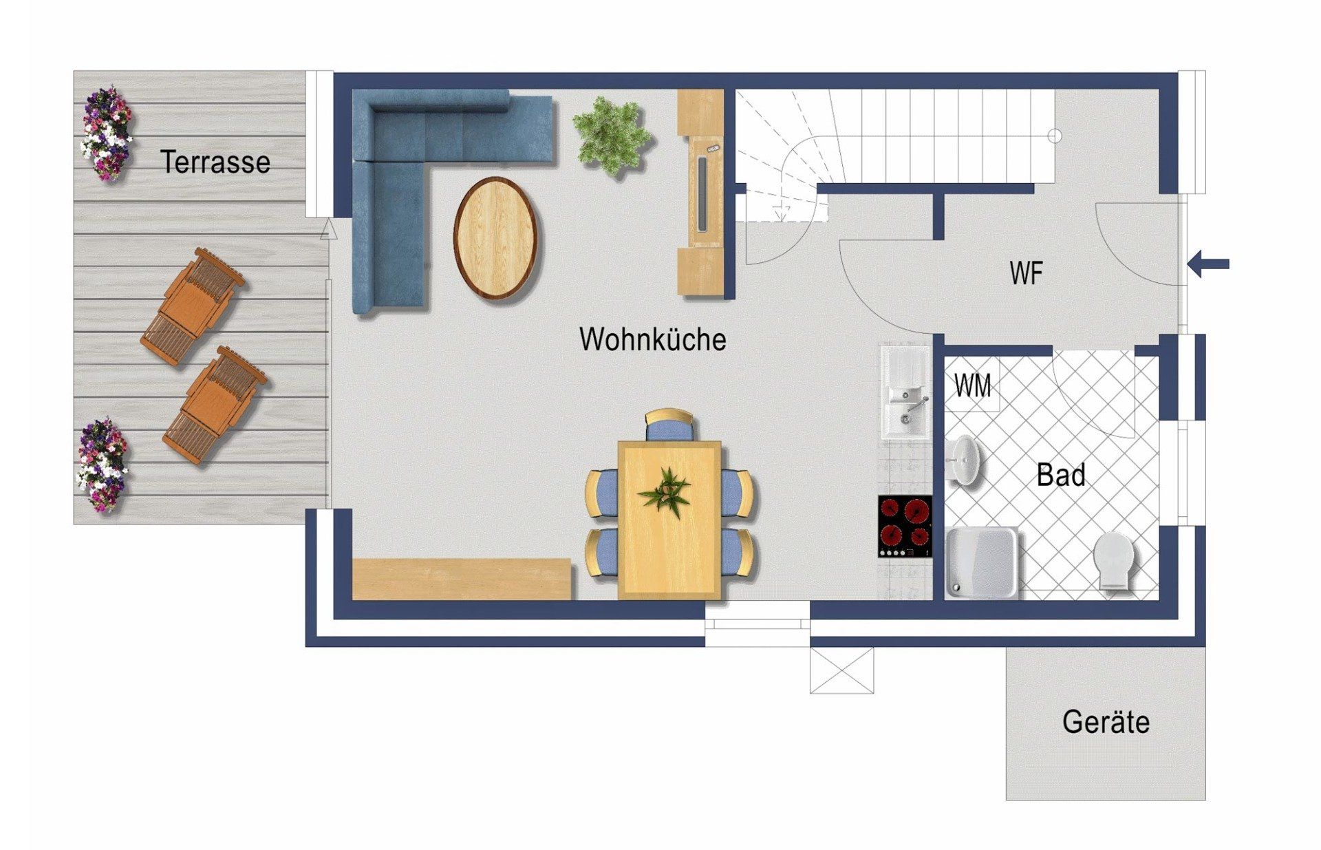 Grundriss mit Terrasse, Wohnzimmer, Essbereich, Badezimmer und Abstellraum. Blaue Akzente und Möbel sind ein besonderes Merkmal.