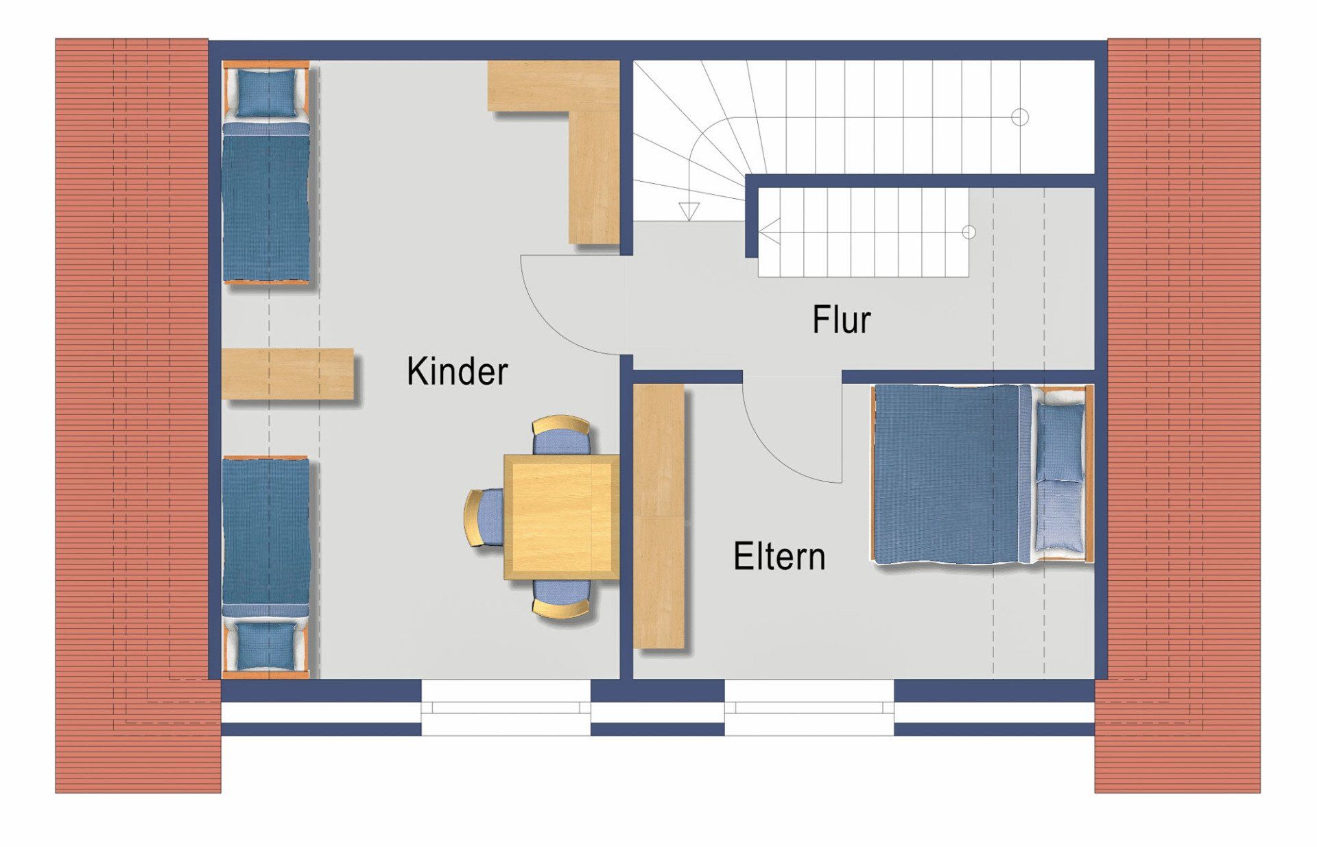 Grundriss eines Hauses mit Schlafzimmern und Wohnbereich. Möbel in Blau und Gelb.
