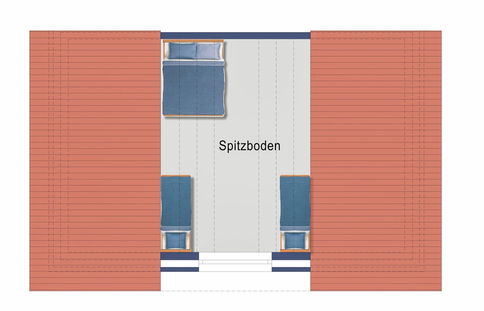 Ein Grundriss mit einem Bett und zwei Sesseln auf hellem Boden, flankiert von orangefarbenen Vorhängen.
