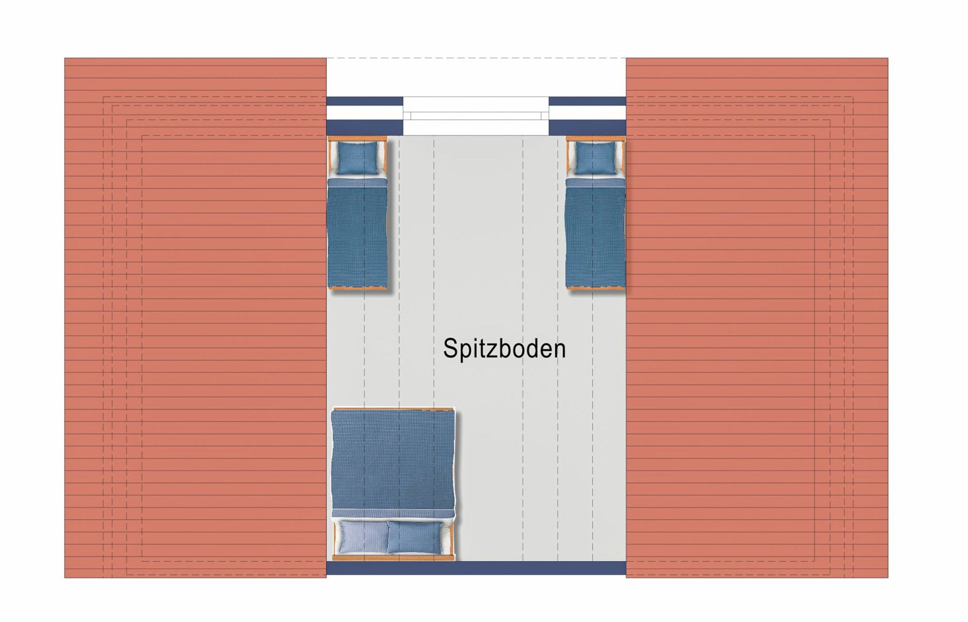 Grundriss eines Zimmers mit zwei Betten und einem Fenster. Braune Wände, grauer Boden, blaue Bettwäsche.