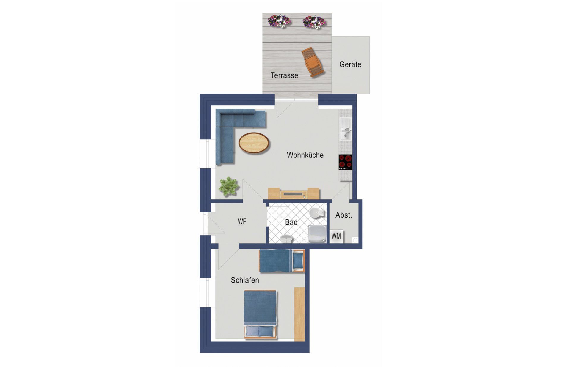 Grundriss der Wohnung 1 mit Schlafzimmer, Wohnzimmer, Küche, Badezimmer und Terrasse.