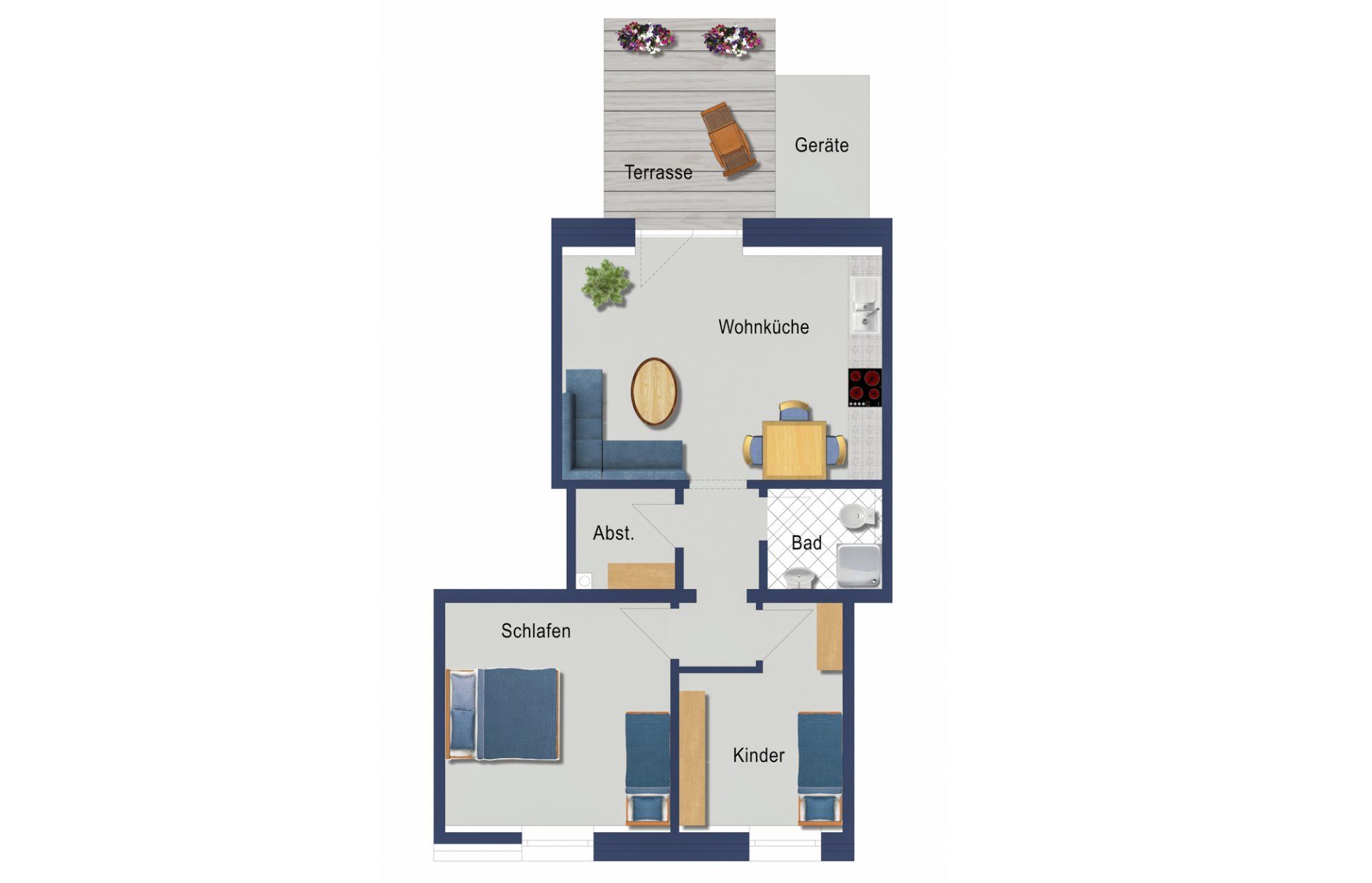 Grundriss von Wohnung 2 mit Schlafzimmer, Wohnbereich, Küche, Badezimmer und Terrasse.