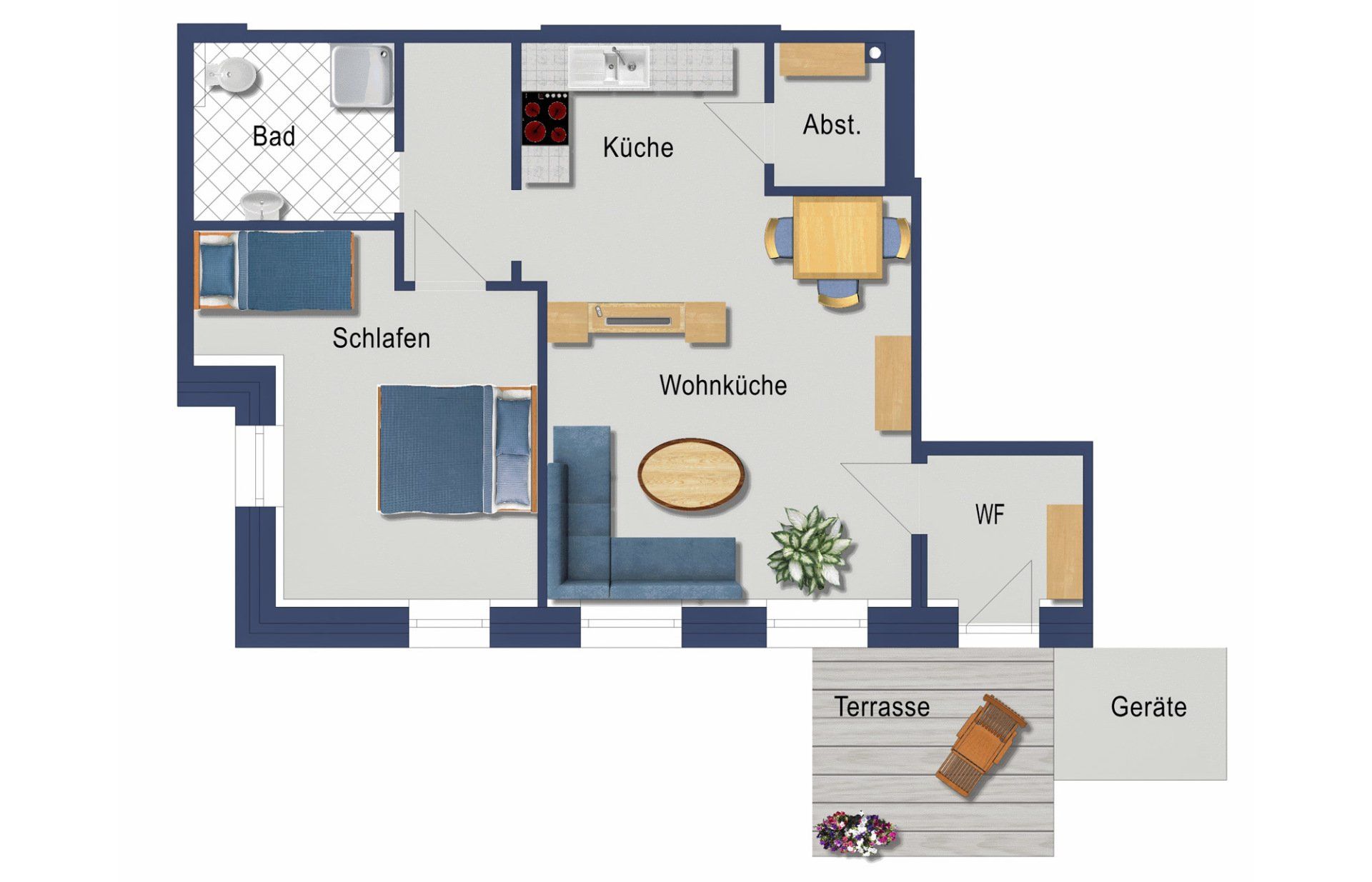 Grundriss der Wohnung 3 mit Schlafzimmer, Wohnzimmer, Küche, Badezimmer und Terrasse.