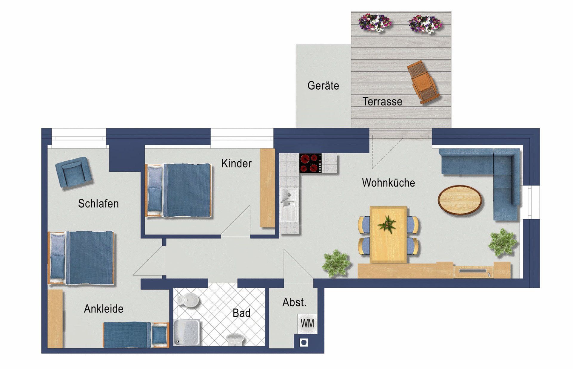 Grundriss einer Dreizimmerwohnung mit Terrasse. Blaue, graue und braune Farbtöne. Inklusive Möblierung.