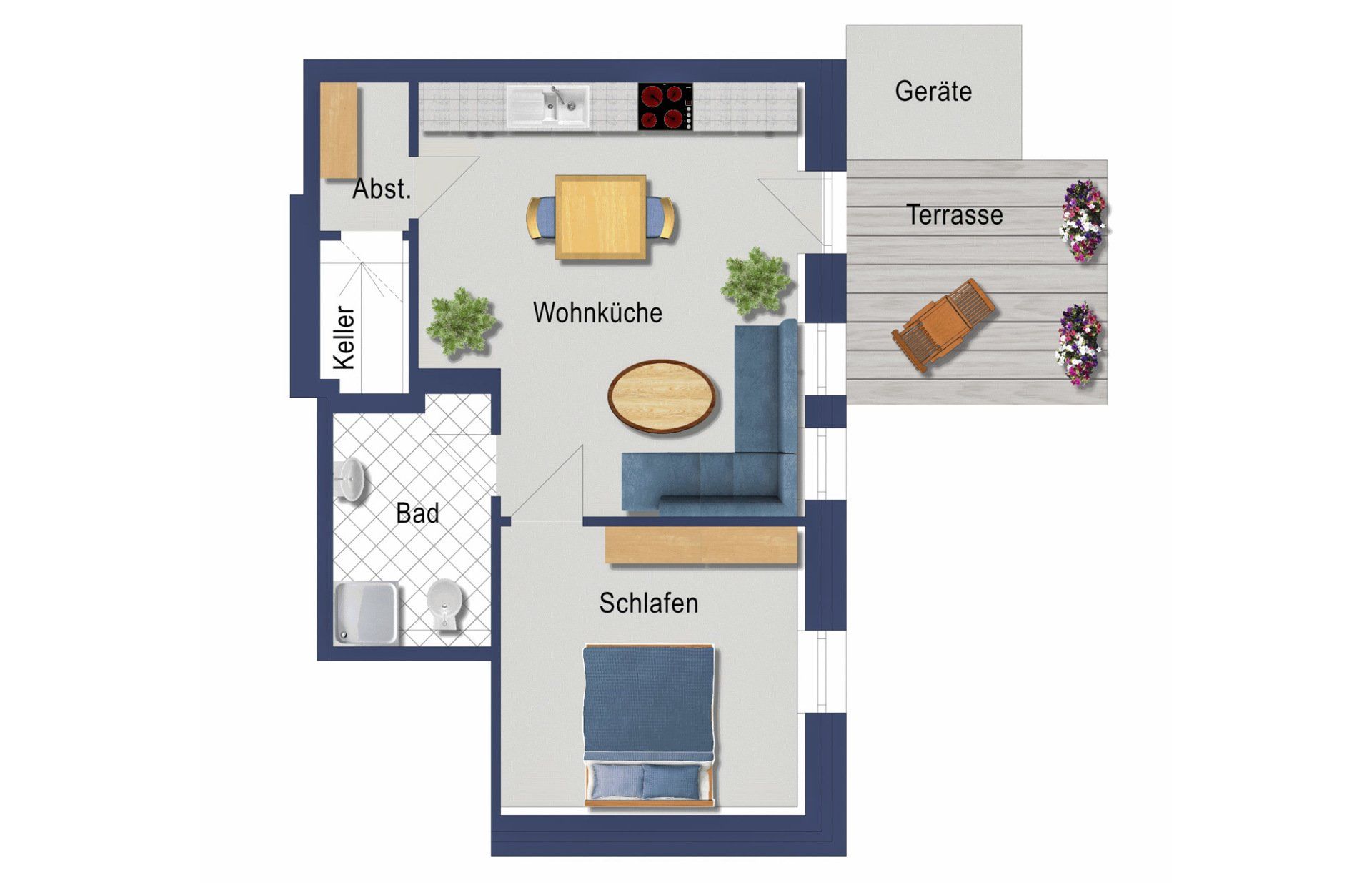Grundriss einer Dreizimmerwohnung mit Terrasse. Blaue, graue und braune Farbtöne. Inklusive Möblierung.