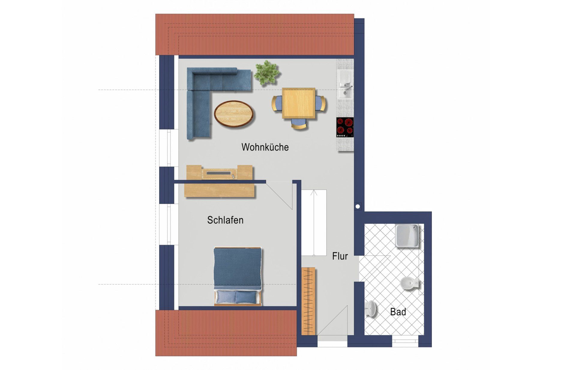 Grundriss einer kleinen Wohnung: Wohnbereich mit Sofa, Küche, Schlafzimmer und Badezimmer.