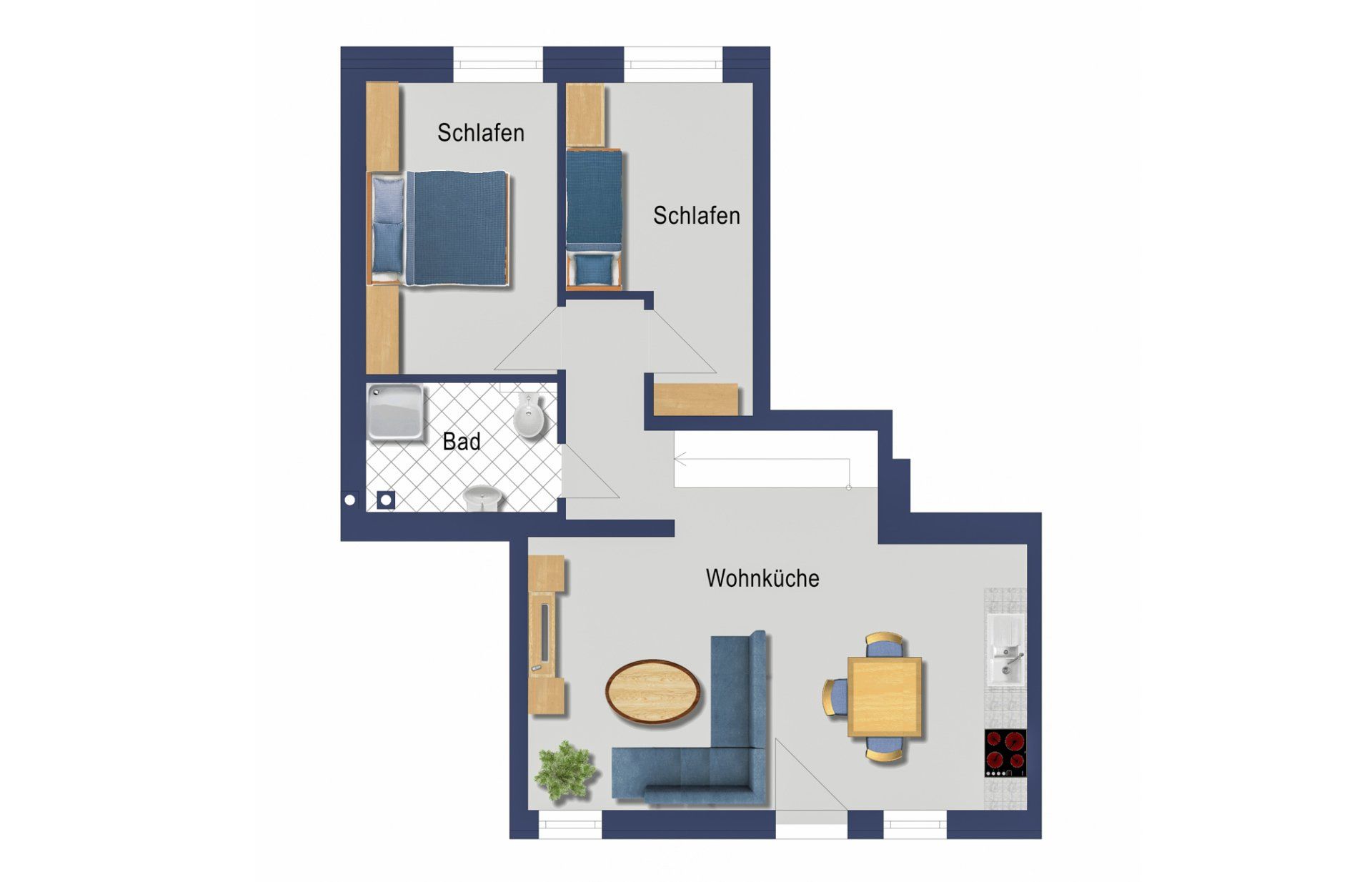 Grundriss: Wohnungsaufteilung mit Schlafzimmer, Badezimmer, Küche und Wohnbereich.