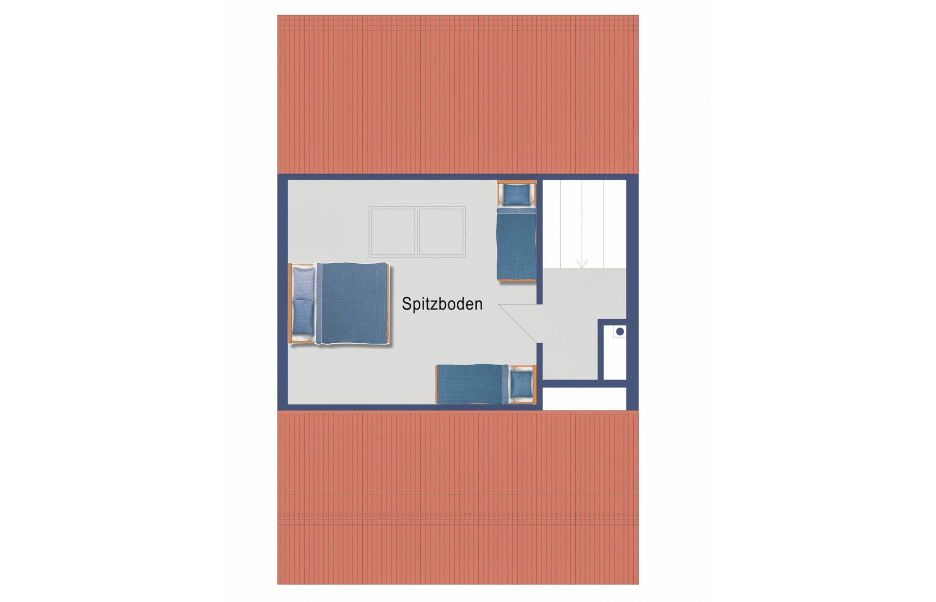 Grundriss mit zwei Schlafzimmern, Badezimmer und Abstellraum unter einem roten Ziegeldach.